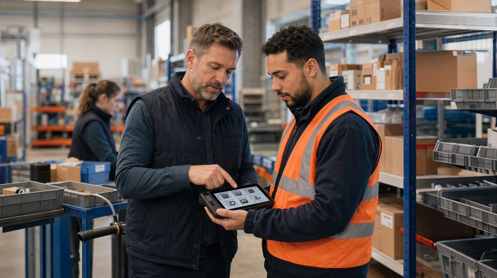 Складская логистика: команда на складе проходит адаптацию рабочих инструкций и визуальных подсказок.