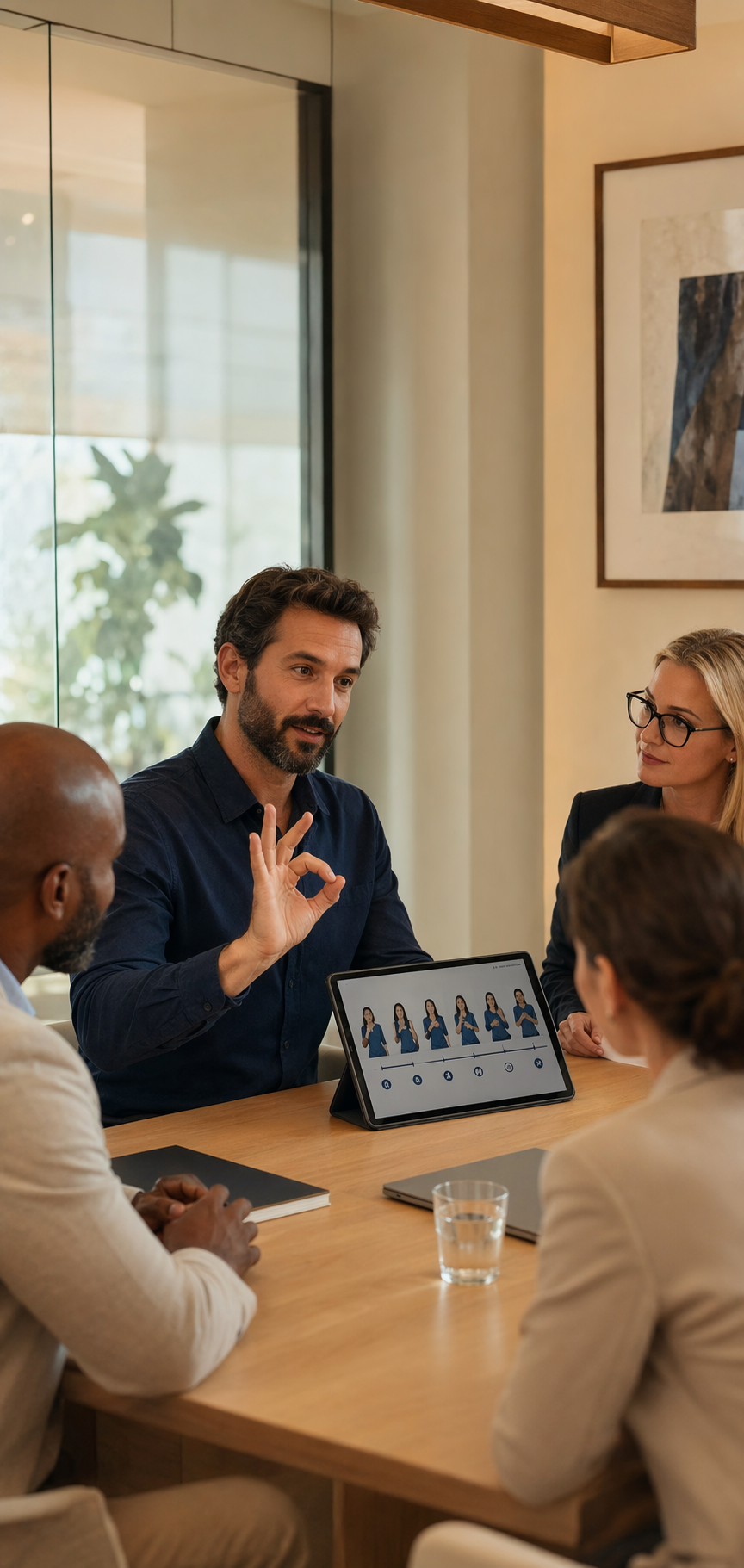 Консультация по адаптации сервиса для глухих клиентов: эксперт показывает бизнес-команде доступный сценарий общения.